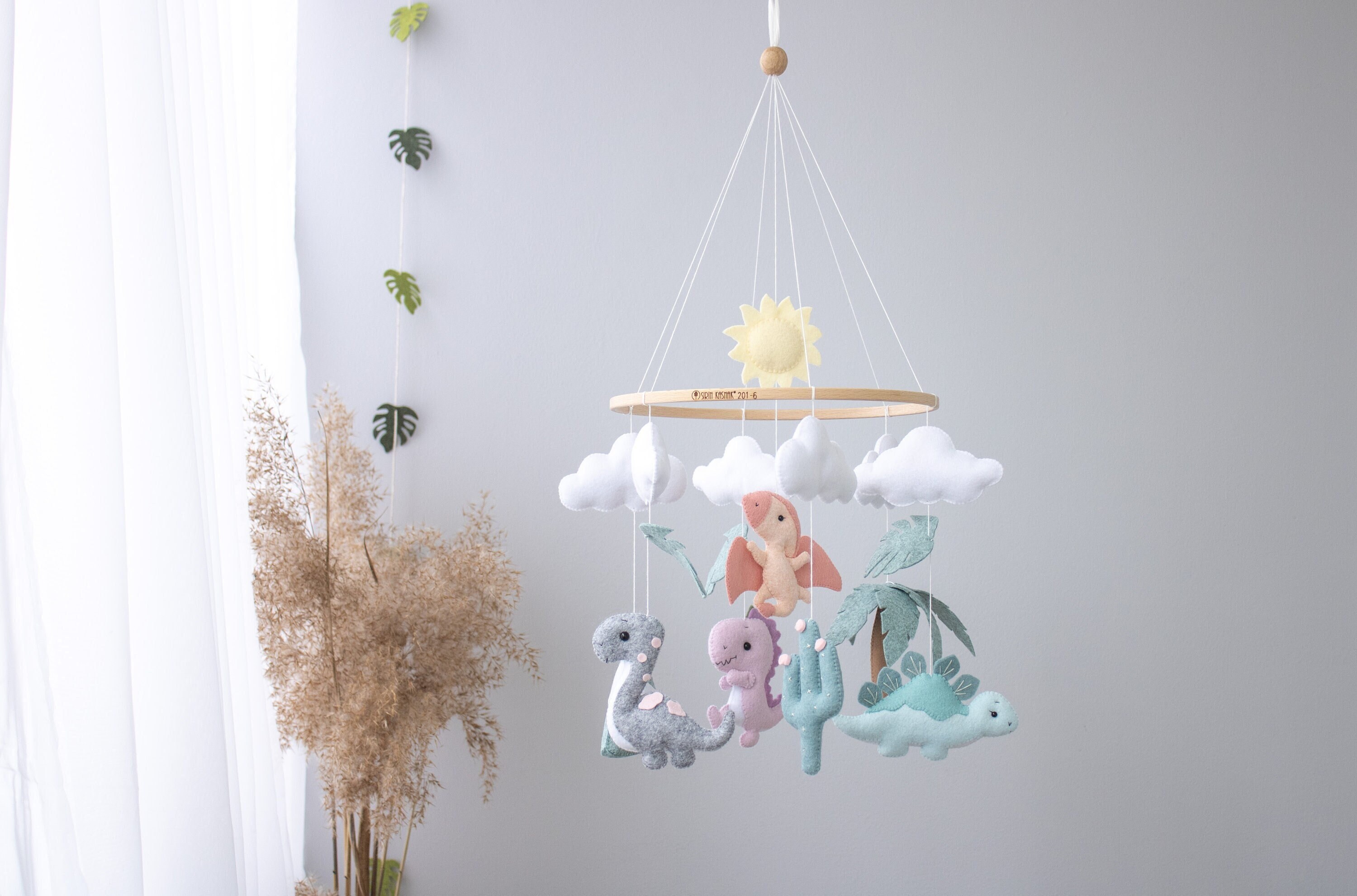 Dinosaur Mobile For Girl Nursery. Hanging Felt Animals. Purple T Rex. Crib Dino Mobile. Shower Gift.mountain & Palm. Cloud Sun