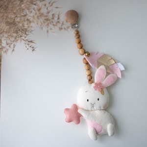 Bunny felt stroller mobile, pram stroller toy,Bunny hanging toy, pink rabbit toy, pram decor, stroller accessory, baby girl gift