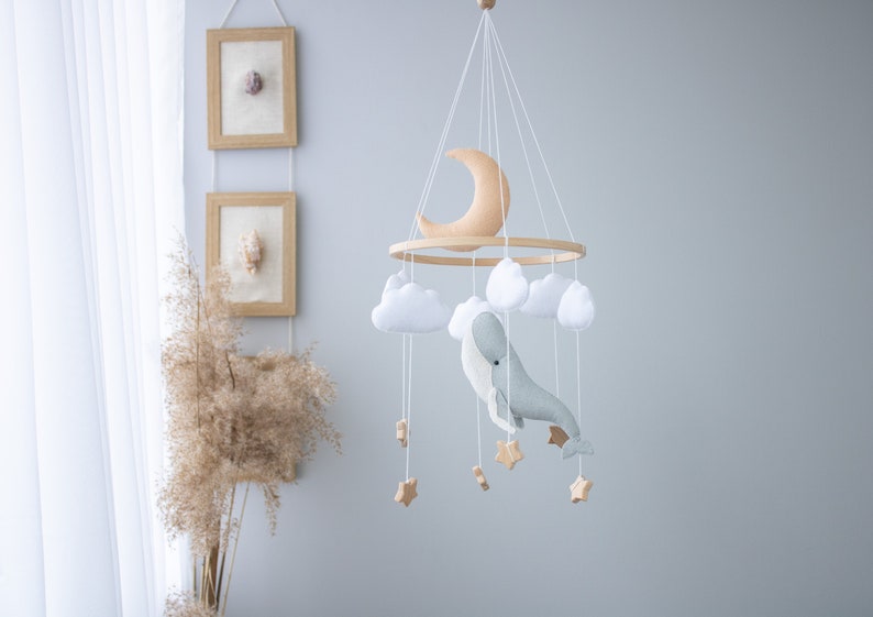 Whale and Moon Baby Mobile, Whale nursery Mobile,Star Pastel Ocean mobile,Nautical Decor,Crib Neutral Boho accessories, Unique Baby Gift image 2