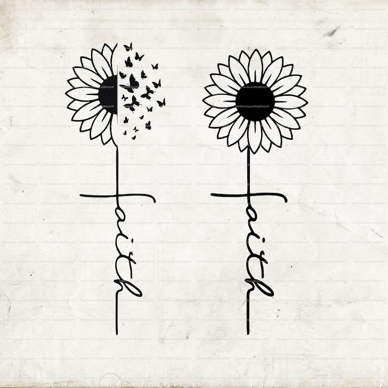 Pu&ograve; includere: Due illustrazioni in bianco e nero di girasoli con la parola "fede" scritta verticalmente su una croce sotto ogni girasole. Un girasole ha farfalle che volano via.