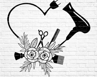 Floral Haartrockner Herz SVG-Datei, Schere Svg, Hairstylist SVG, Haarwerkzeuge Svg,, Friseur Svg, Cricut, Silhouette, Instant Download