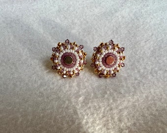 Purple Beaded studs with 24k gold centers, 24k gold beads, swarovski crystals and smoked moose hide