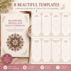 Op de afbeelding: Een werkboek voor kralenmedaillons met een bloemrijke mandala-illustratie op de omslag en acht verschillende geometrische sjablonen, waaronder cirkel, ovaal, hart, ruit, druppel, vierpas, halve maan en headt-vormen voor planning.