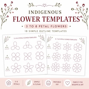 Può includere: Una collezione digitale di 18 modelli di fiori indigeni con design da 3 a 8 petali. I fogli bianchi mostrano disegni a contorno rosso scuro di varie forme di fiori, organizzati in base al numero di petali e decorazioni floreali.