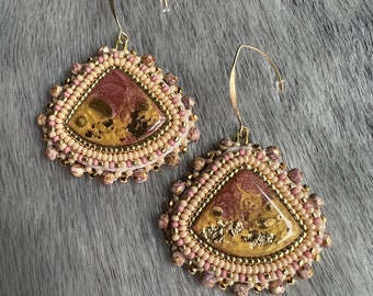 Beaded pink triangle drops with 24k gold beads backed on smoked moose hide