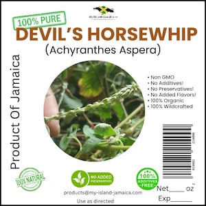 以下が含まれることがあります： ジャマイカの伝統医学で使用される植物、悪魔のムチ（別名アキランテス・アスペラ）のクローズアップ。植物は緑色で、小さな白い花が咲いています。画像には、「100％ピュア」、「悪魔のムチ」、「（アキランテス・アスペラ）」、「ジャマイカ産」、「100％ナチュラル」、「添加物不使用」、「100％添加物フリー」、「products@my-island-jamaica.com」、「指示通りに使用してください」、「正味___オンス」、「有効期限___」、およびバーコードが含まれています。