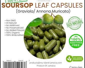 Può includere: Un'etichetta di prodotto per capsule di foglie di graviola, nota anche come Annona Muricata. L'etichetta presenta testo che include 100% Pure, Non GMO, All Natural, 100% Organic, 100% Wildcrafted, 100% Natural e Additives Free, con un codice a barre.