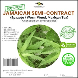 Puede incluir: Una etiqueta de producto para Jamaican Semi-Contract (Epazote / Worm Weed, Mexican Tea). La etiqueta incluye texto como "100% Pure", "Non GMO" y "100% Organic". La imagen presenta un gráfico circular de hojas verdes y varios sellos verdes.