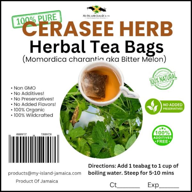 Peut inclure: Une &eacute;tiquette verte et blanche avec le texte "CERASEE HERB Herbal Tea Bags (Momordica charantia aka Bitter Melon)" et une image d'un sachet de th&eacute; dans une tasse de th&eacute;. L'&eacute;tiquette comprend &eacute;galement le texte "100% PURE", "100% NATURAL", "NO ADDED PRESERVATIVES", et "100% ADDITIVES FREE".