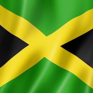May include: The flag of Jamaica, a green, yellow and black flag with a diagonal cross.