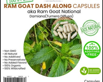 May include: An advertisement for Ram Goat Dash Along Capsules. The image features capsules, green leaves, and text that reads "100% Pure" and "100% Natural". The product is described as organic and additive-free.