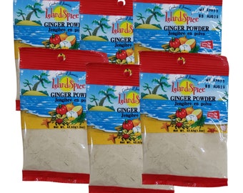 May include: Six red and yellow pouches of Island Spice Ginger Powder and Ginger Powi. Each pouch contains 1.5 ounces of spice. The pouches have a tropical beach scene with palm trees and a yellow sandy beach.