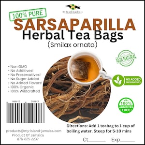 May include: A package of Sarsaparilla Herbal Tea Bags with the text "100% Pure". The image shows a teabag steeping in a white teacup, with the text "No Additives!" and "100% Organic". The tea is made from Smilax ornata.