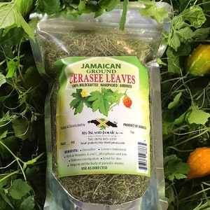 Peut inclure: Un sac en plastique transparent rempli de feuilles de cerasee s&eacute;ch&eacute;es vertes. Le sac porte une &eacute;tiquette indiquant "Jamaican Ground Cerasee Leaves 100% Wildcrafted Handpicked Airdried". L'&eacute;tiquette comprend &eacute;galement le nom de l'entreprise "My-Island-Jamaica" et les coordonn&eacute;es. Le sac est pos&eacute; sur un lit de feuilles vertes.