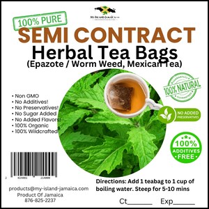 Puede incluir: Una etiqueta de producto para "Semi Contract Herbal Tea Bags" con el texto "100% Puro". La etiqueta incluye una taza de té con una bolsita de té, hojas verdes y texto que dice "Sin OGM" y "100% Orgánico".