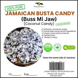 May include: Image of Jamaican Busta Candy (Buss Mi Jaw) Coconut Candy. The candies are individually wrapped and presented in a circular basket. The packaging highlights "100% Pure" and "Naturally Sourced" ingredients.