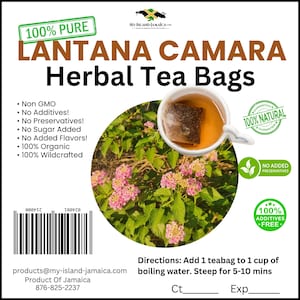 May include: A packet of Lantana Camara Herbal Tea Bags. The label includes the text "100% Pure" and "100% Natural". The image shows a teabag steeping in a white teacup, with a background of pink and yellow flowers.