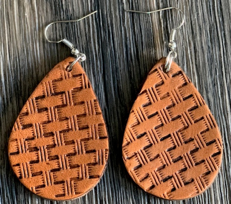 Basket Weave Hand Tooled Leather Teardrop Earrings - Etsy