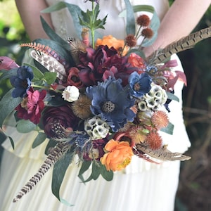 Woodland Forage Burgundy Navy Orange Poppy Thistle Rose Feather Berries Bridal Bouquet/Bridesmaid Bouquet/Buttonholes x4/Corsage/Boutonniere