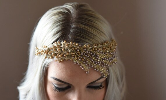 Pearl Beaded Bridal Headband: Rose Gold Crystal Hair Comb - Etsy display picture 1