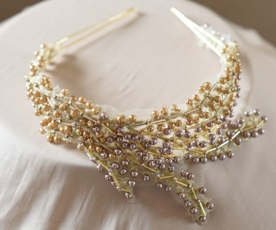 Pearl Beaded Bridal Headband: Rose Gold Crystal Hair Comb - Etsy