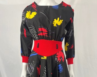 Vintage 70s/80s Parfait Fashions LTD Long Sleeve Funky Pattern Stretchy Waist Dress \ Size 7 \ PLEASE See Item Description And Photos