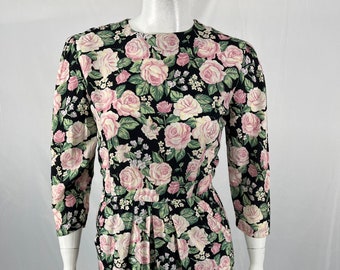 Vintage 80s Black Long Sleeve Floral Dress By E.D. Michaels / Size 13-14 / View Description For Measurements And Condition Details