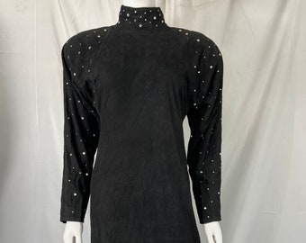 Vintage 80s Black Suede Dress With Jewels On Neck And Sleeves By Vakko / Size 8 / View Description For Measurements And Condition Details