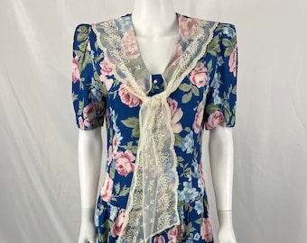 Vintage 80s Blue Floral Dress With Lace Neck Tie By Karin Stevens / Size 10 / View Description For Measurements And Condition Details