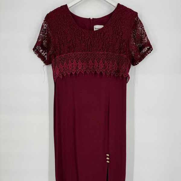 Vintage 80s Maroon Lace Blouson Dress w/ Leg Split by Veronica \ Size M-L \ See Item Description for Measurements and Details