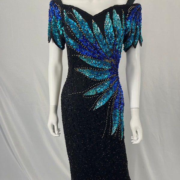 Vintage 80s Beautiful Black And Blue Sequin Beaded Off The Shoulder Alyce Designs Gown \ Size 12 \ PLEASE See Item Description And Photos