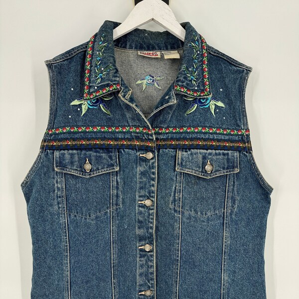 Vintage Floral Embroidered Denim Vest by Bill Blass \ Size 2X \ See Item Description for Measurements and Details