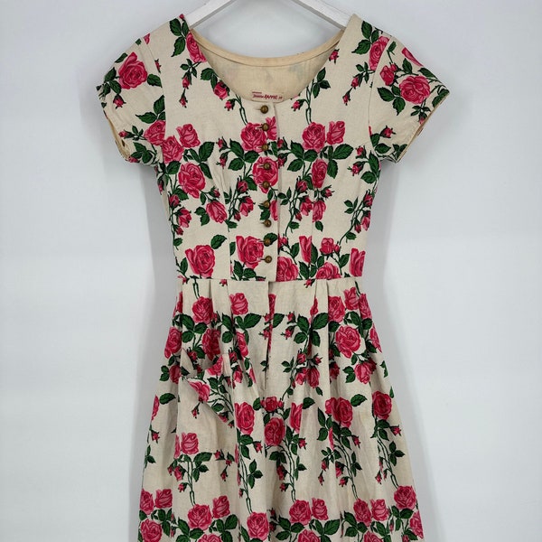 Vintage Pink Rose Floral Dress by Joanna Rappel \ Size Measures XS \ See Item Description for Measurements and Details