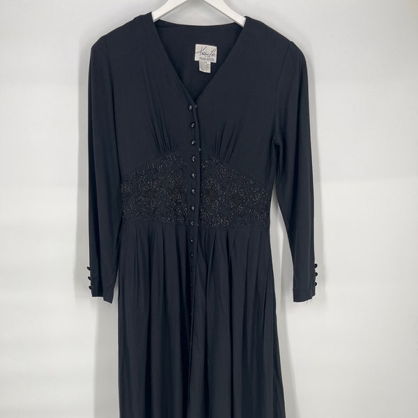 Vintage 90's Black Beaded Button Front Dress By Kathie Lee / Size 8 / Please See Description For Measurements And Details On Condition