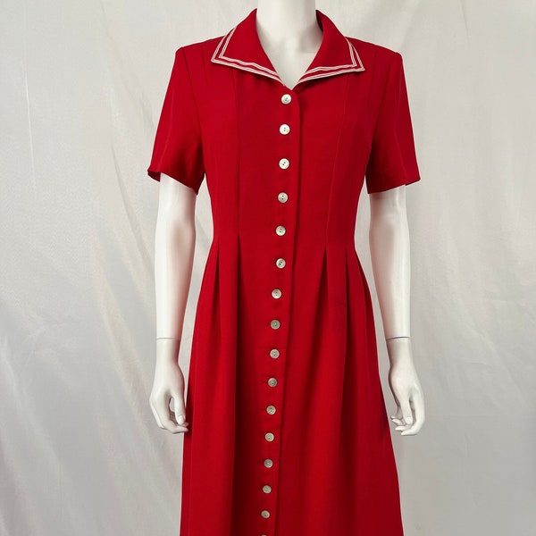 Vintage 80s Red Sailor Style Button Up Coldwater Creek Short Sleeve Dress \ Size 10P \ PLEASE See item Description And Photos