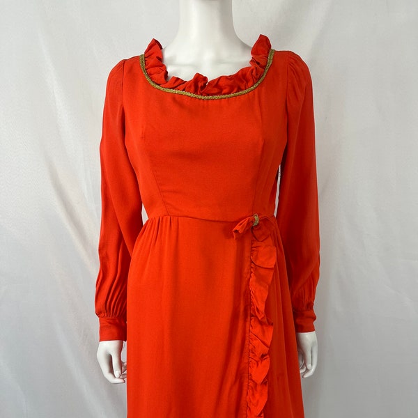 Vintage Orange with Gold Detail Ruffle Collar Dress \ Size Measures M \ See Item Description for Measurements and Details