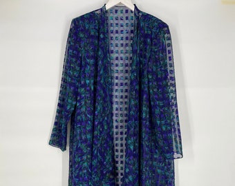 Vintage 80s Peacock Colored Sheer Long Sleeve Duster \ Measures Size XL \ PLEASE See Item Description And Photos