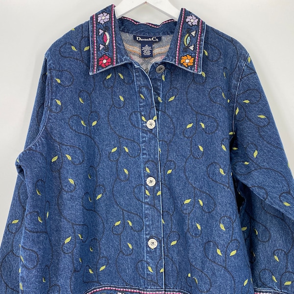 Vintage 90's %100 Cotton Plus Size Embroidered Denim Jacket By Denim & Co \ Size 1X \ PLEASE See Description And Photos