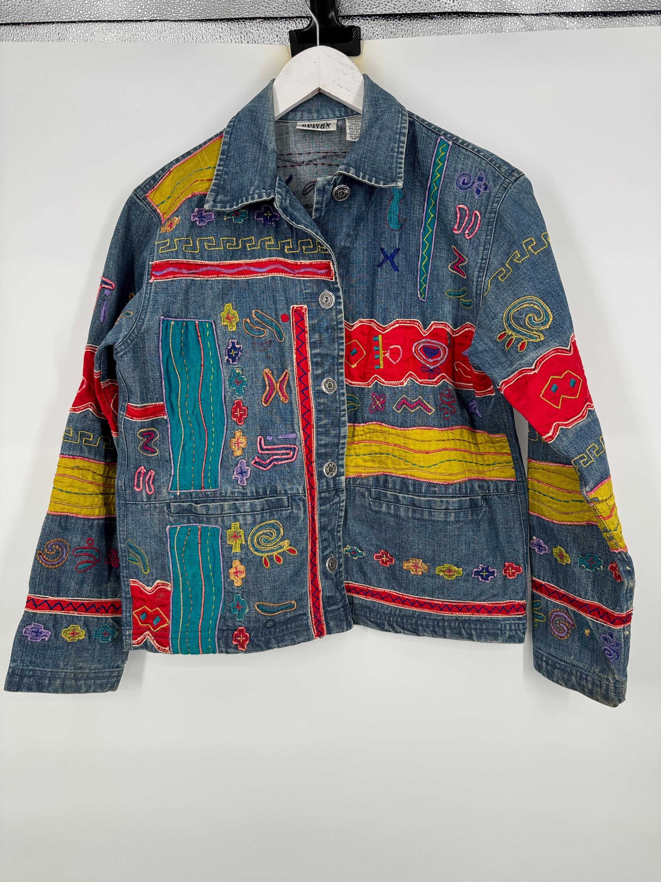 Vintage 80s/90s Abstract Funky Applique Embroidered Denim Jacket 