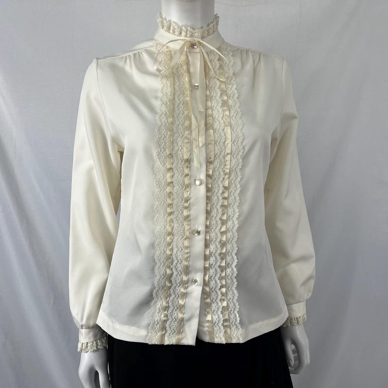 Retro High Neck Long Sleeve Ruffle Cotton Blouse in White