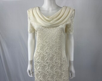 Vintage 80s White Lace Dress With Cowl Neck By Helene Blake / Size 8 / View Description For Measurements And Condition Details