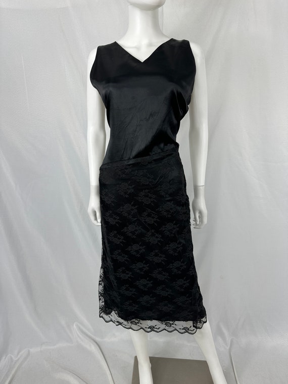 Vintage 90s Black Slip Dress with Lace Skirt \ Si… - image 3