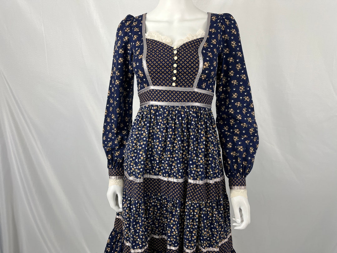 Vintage 70s Gunne Sax Prairie Dress Blue Calico Floral / Size 5 / View ...