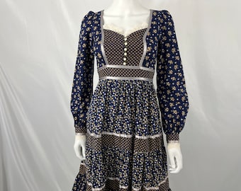 Vintage 70s Gunne Sax Prairie Dress Blue Calico Floral / Size 5 / View Description For Measurements And Condition Details