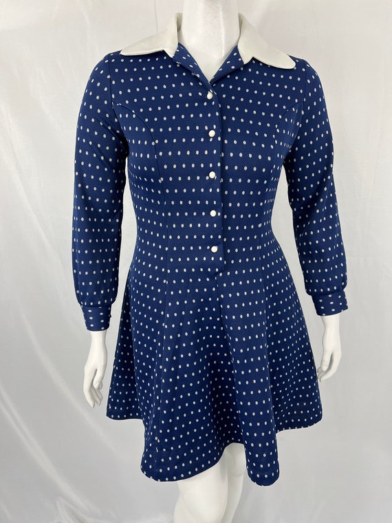 Vintage 70s Long Sleeve Blue Polka Dot Dress By A… - image 2