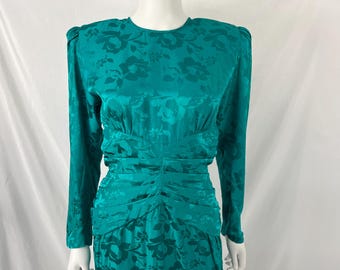Vintage 80s 100% Silk Green Floral Long Sleeve Dress By Adrianna Papell \ Size 8 \ PLEASE See Item Description And Photos