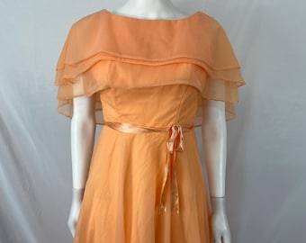 Vintage 70s Orange Peach Ankle Length Gown With Cape \ Size S \ PLEASE See Item Description And Photos