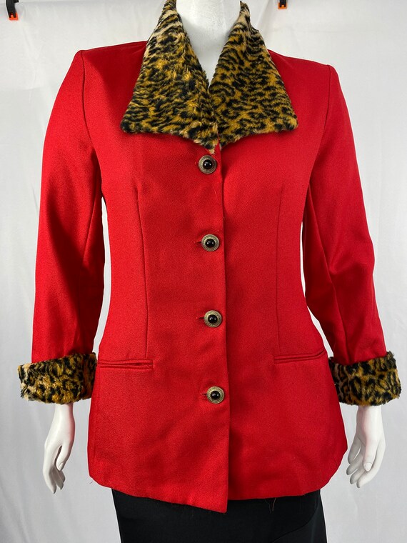 Vintage 80's Red Blazer With Animal Print Faux Fu… - image 5