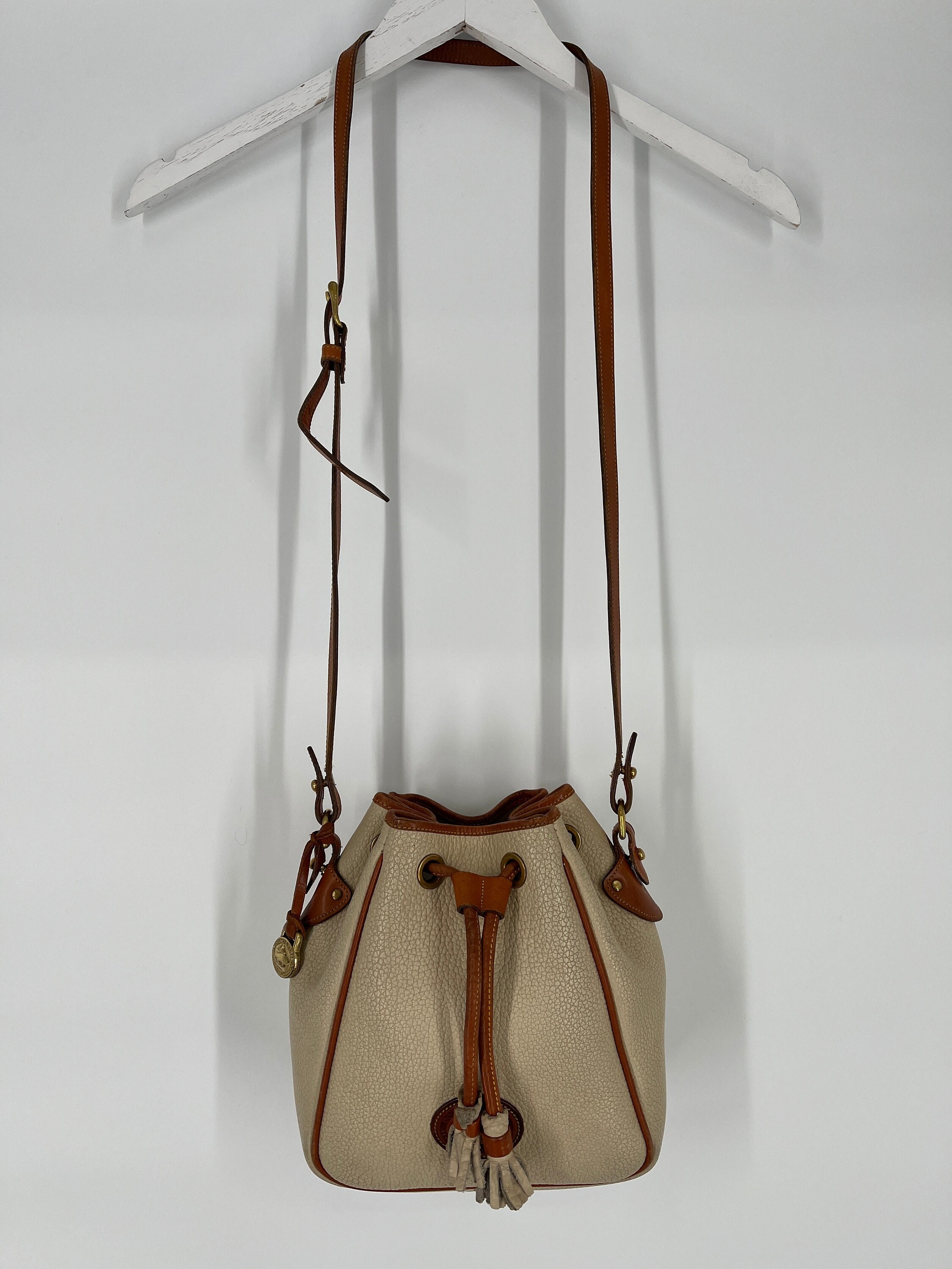 Dooney Bourke Signature Monogrammed Collection Small Drawstring Bucket Bag - Avocado/Brandy