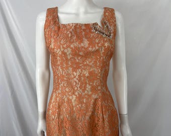 Vintage 50s/60s Peach Lace Sleeveless Fully Lined Dress By Young House \ Size S \ PLEASE See Item Description And Photos